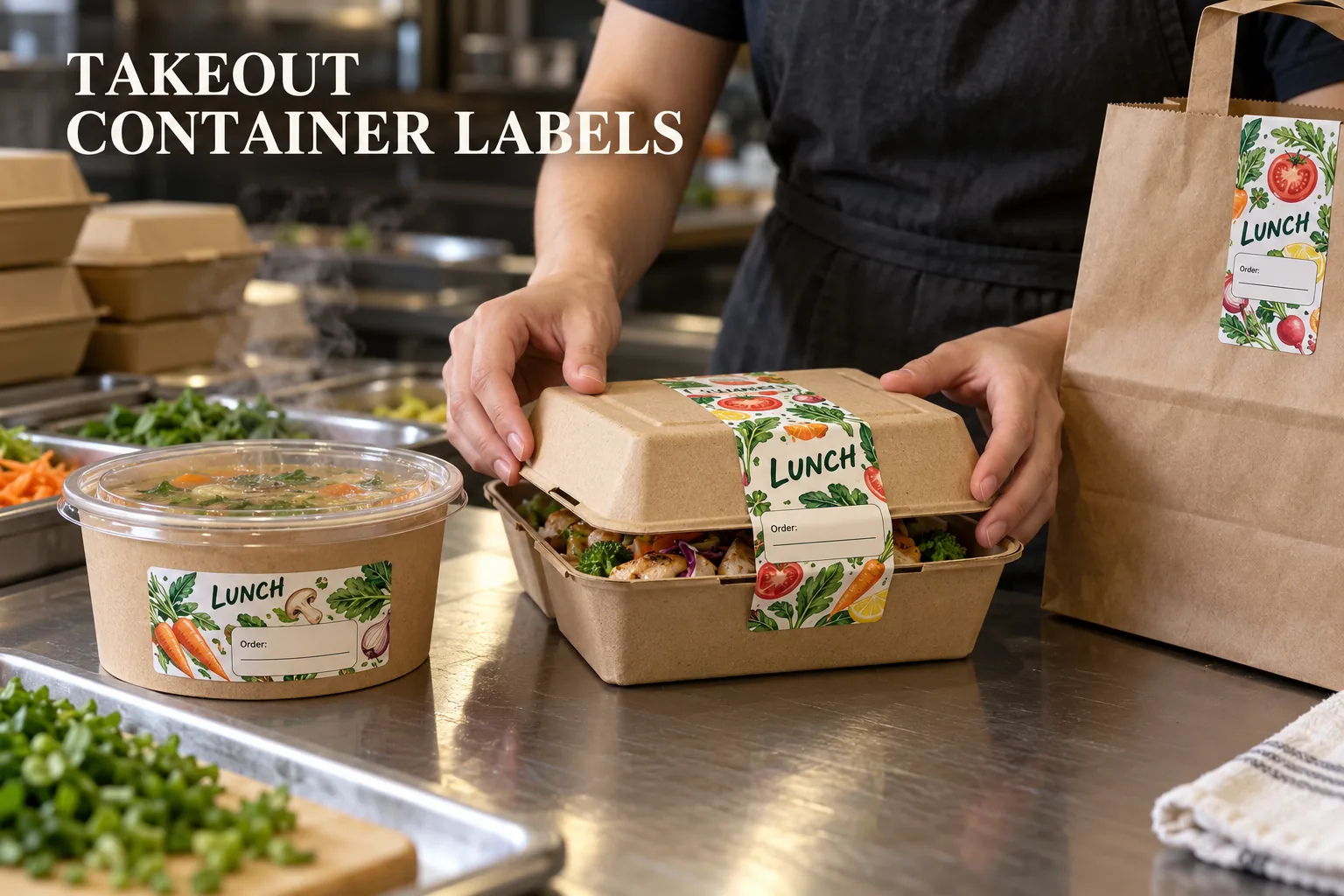 Original illustrated takeaway food labels on a paper clamshell, soup tub and delivery bag at a restaurant counter