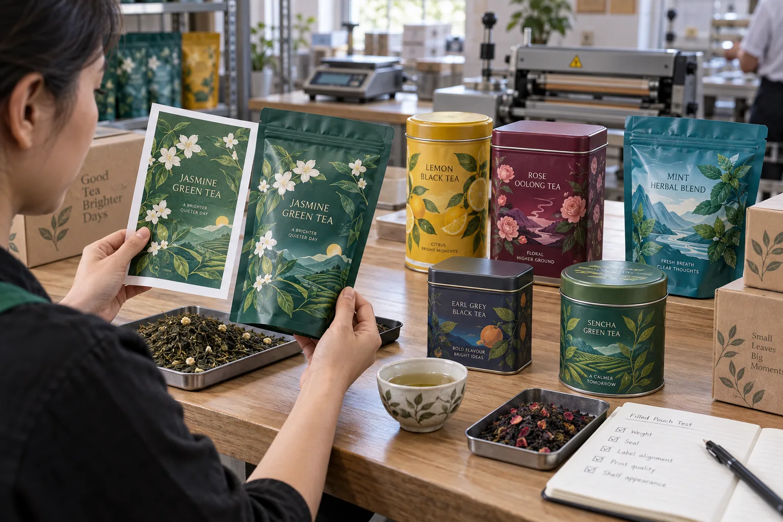 Tea tins and stand-up pouches with original leaf jasmine citrus and mountain label illustrations