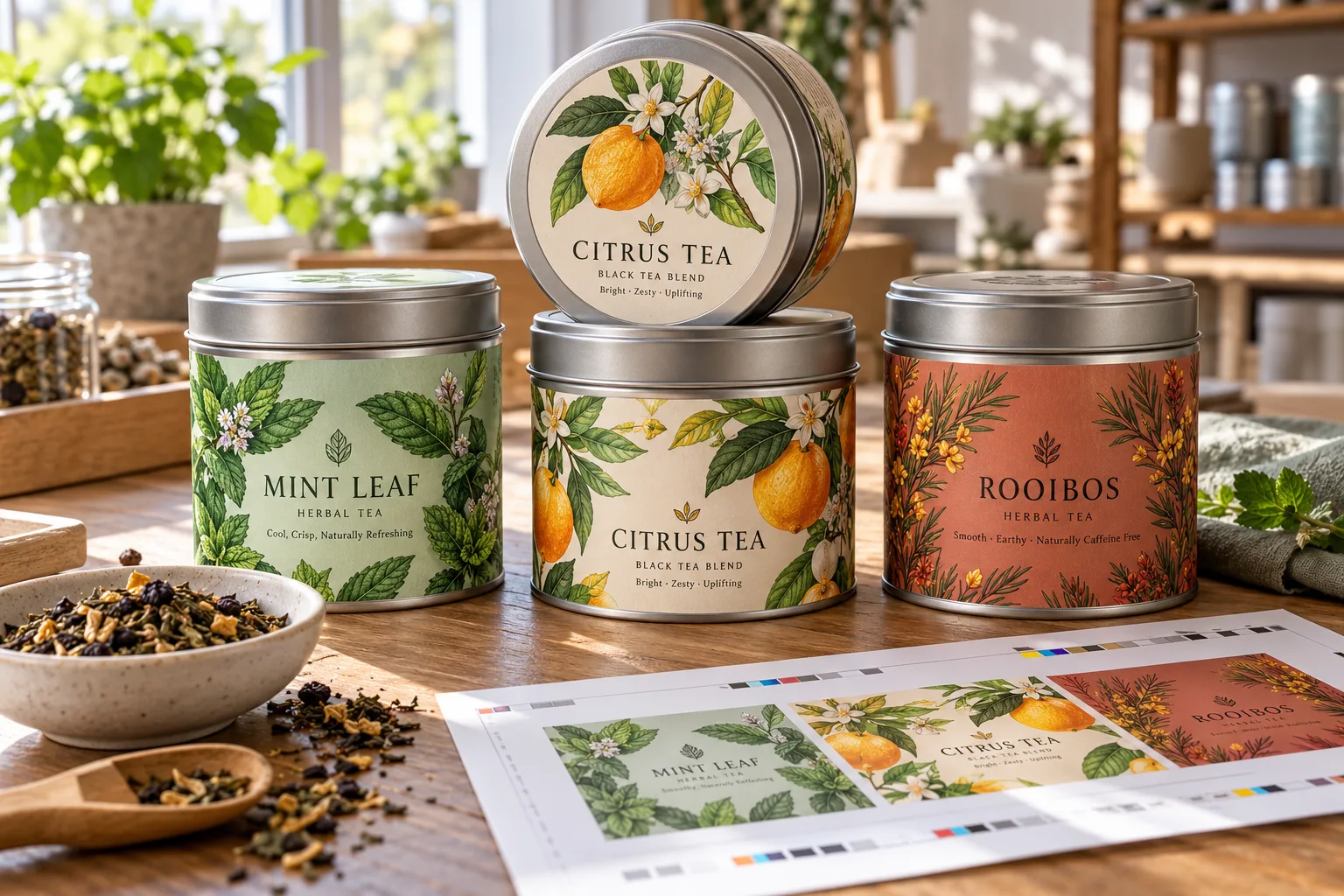 Photograph of unbranded metal tea tins with complete original leaf illustrations and distinct tea names on lid and body labels beside loose tea