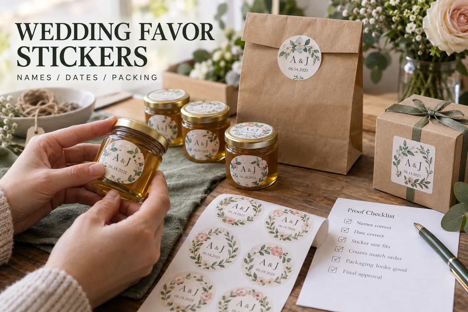Wedding favor jars boxes and paper bags with fully printed original floral and monogram stickers beside a proof checklist and label sheets