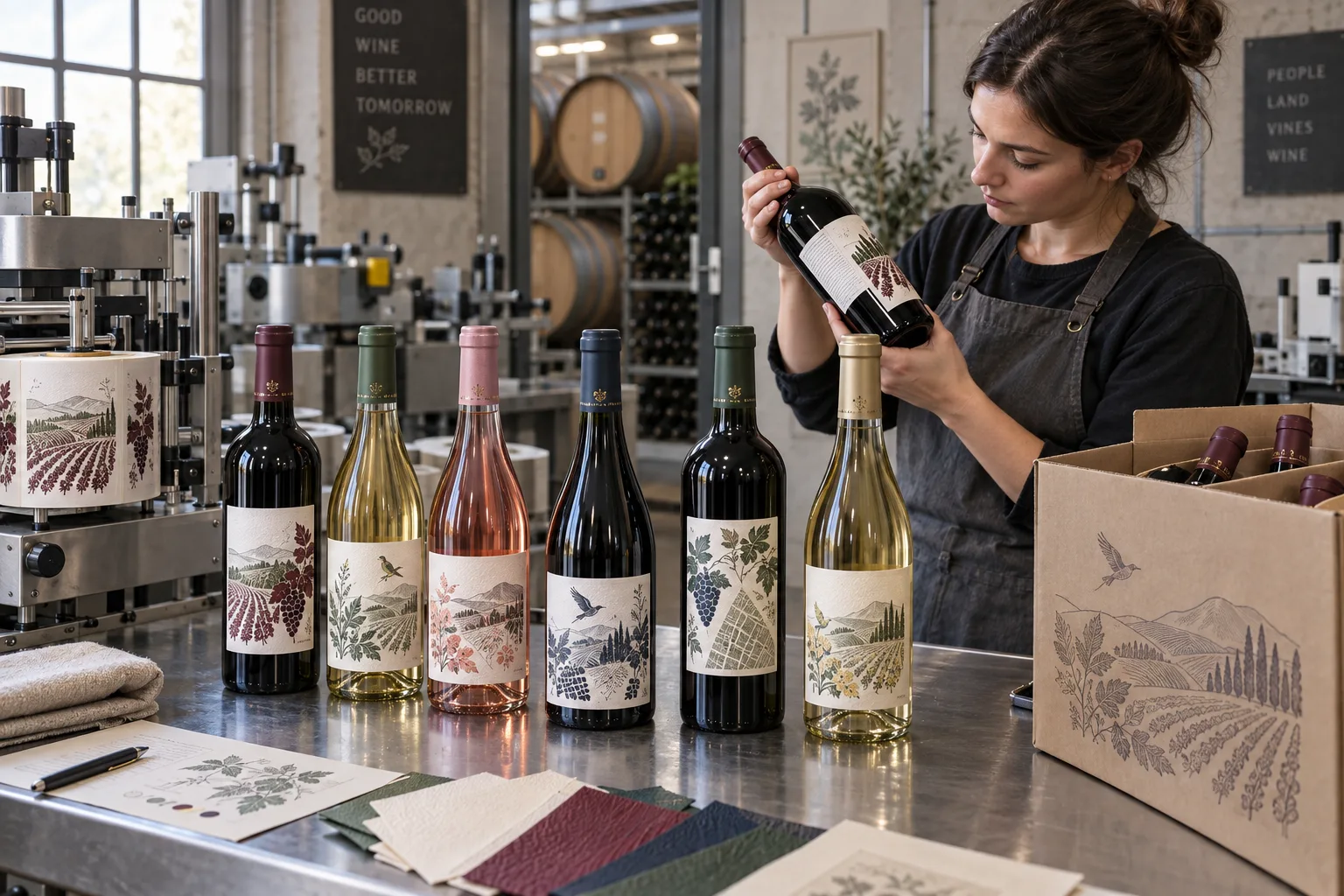 Wine bottles with original vineyard grape botanical and geometric label artwork being inspected in a bottling room