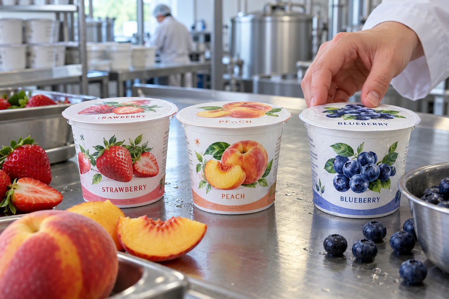 Photograph of chilled yogurt cups with complete original strawberry, peach and blueberry illustrated lid and side labels