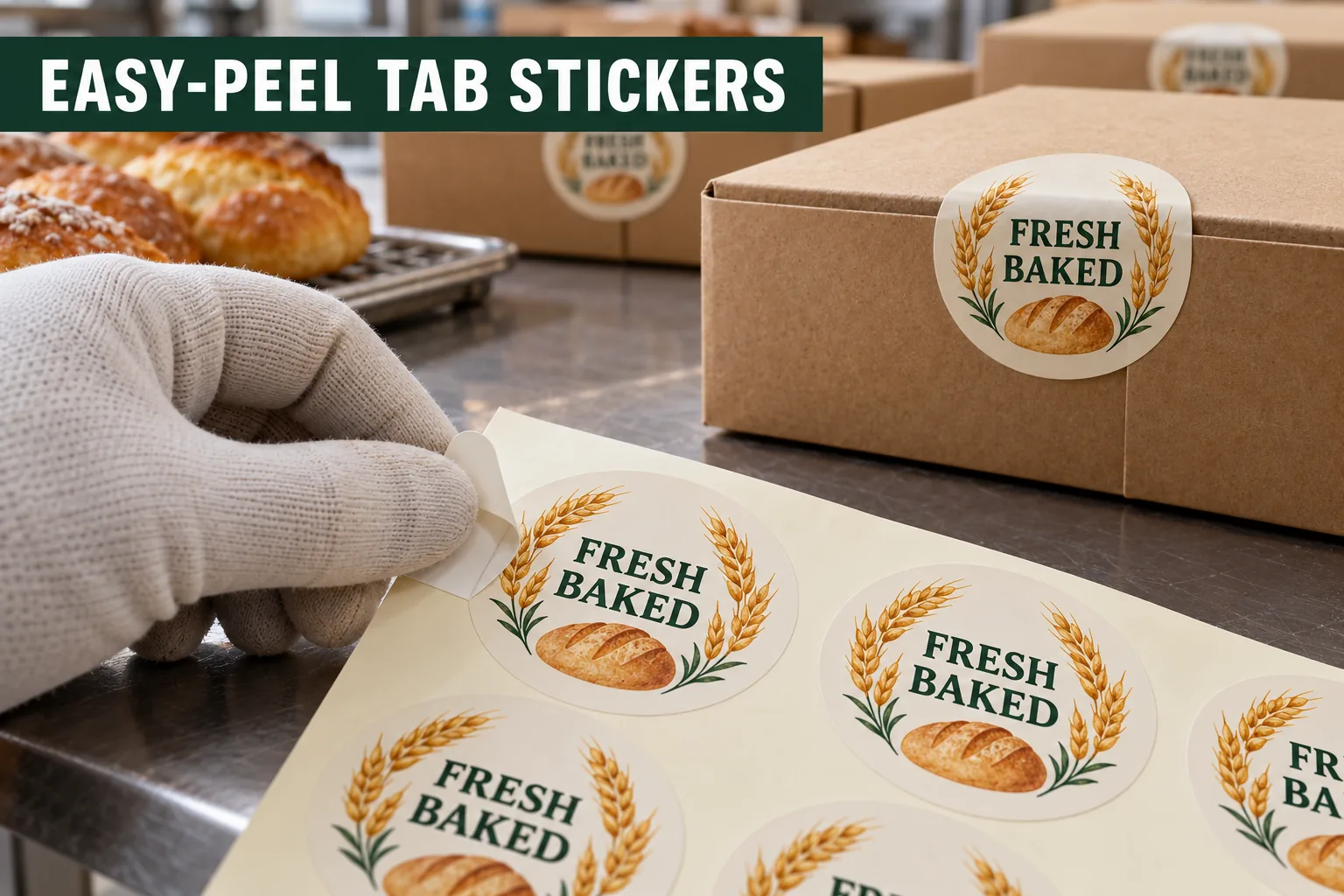 Close-up photograph of a hand lifting a small pull tab from an original illustrated bakery seal sticker on its liner