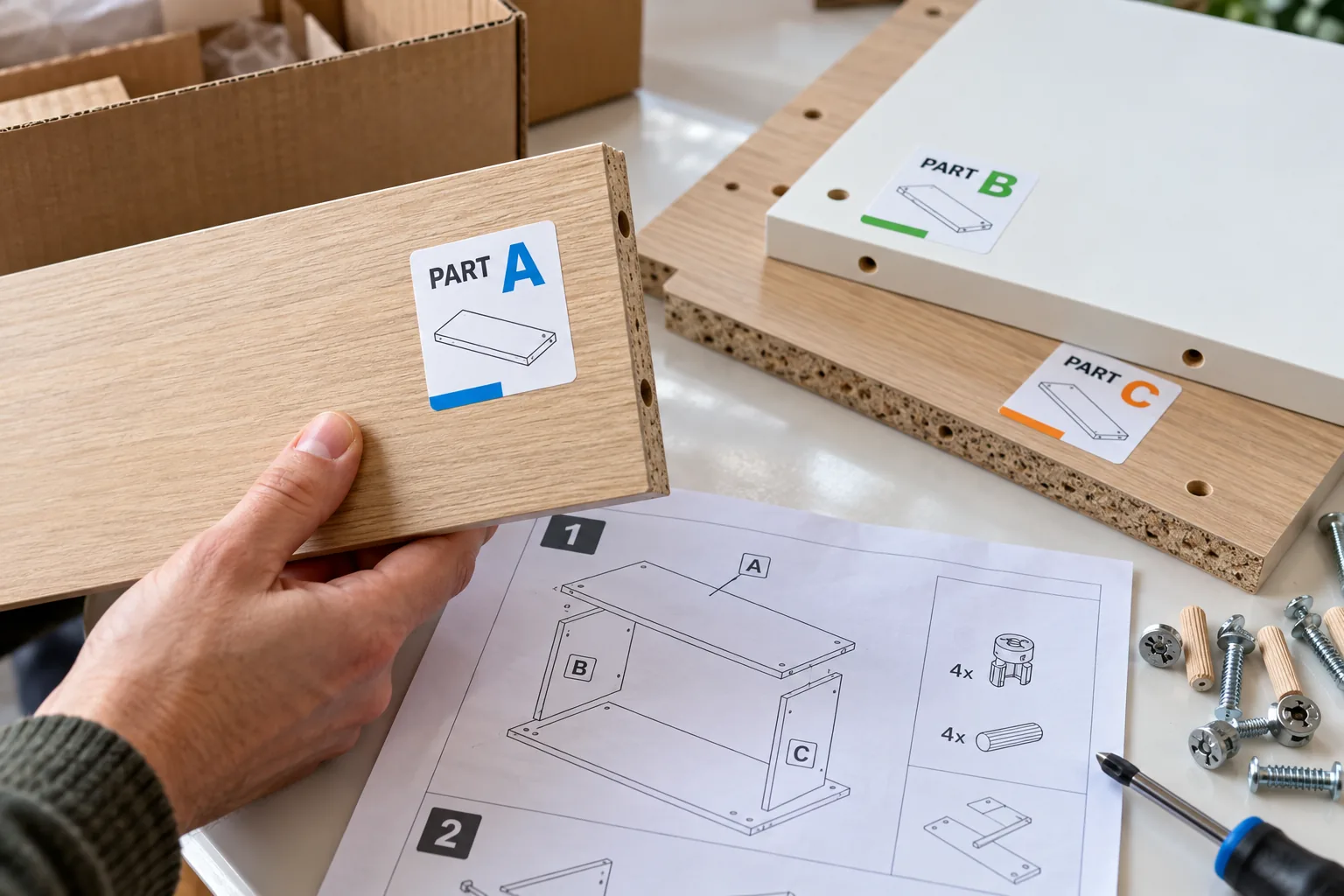 Photograph of original illustrated A and B part identification stickers on flat-pack furniture panels with an assembly sheet