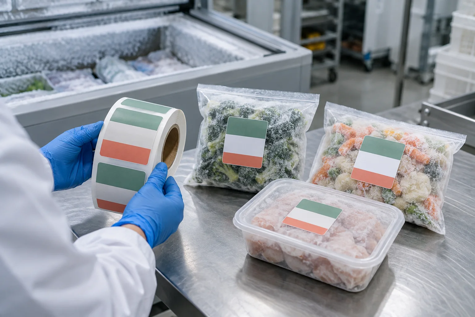 Freezer labels reviewed on frozen food pouches and a rigid container