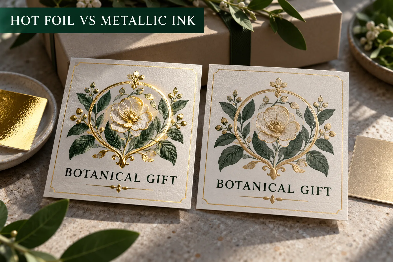 Photographic side-by-side original botanical gift labels showing a reflective hot-foil detail and a softer metallic-ink print