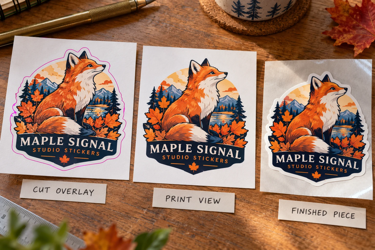 Independent Maple Signal cut-overlay, print-only view and finished-piece illustration separating cutting instructions from printed artwork.