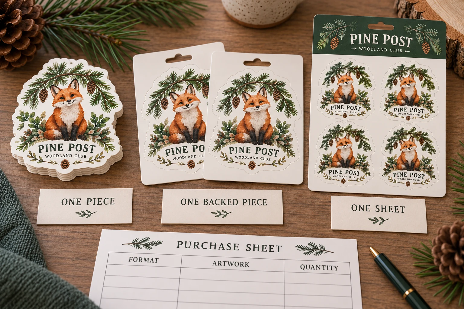 Pine Post finished sticker units beside an uncompleted purchase sheet showing why pieces, backed pieces and sheets must be counted distinctly.