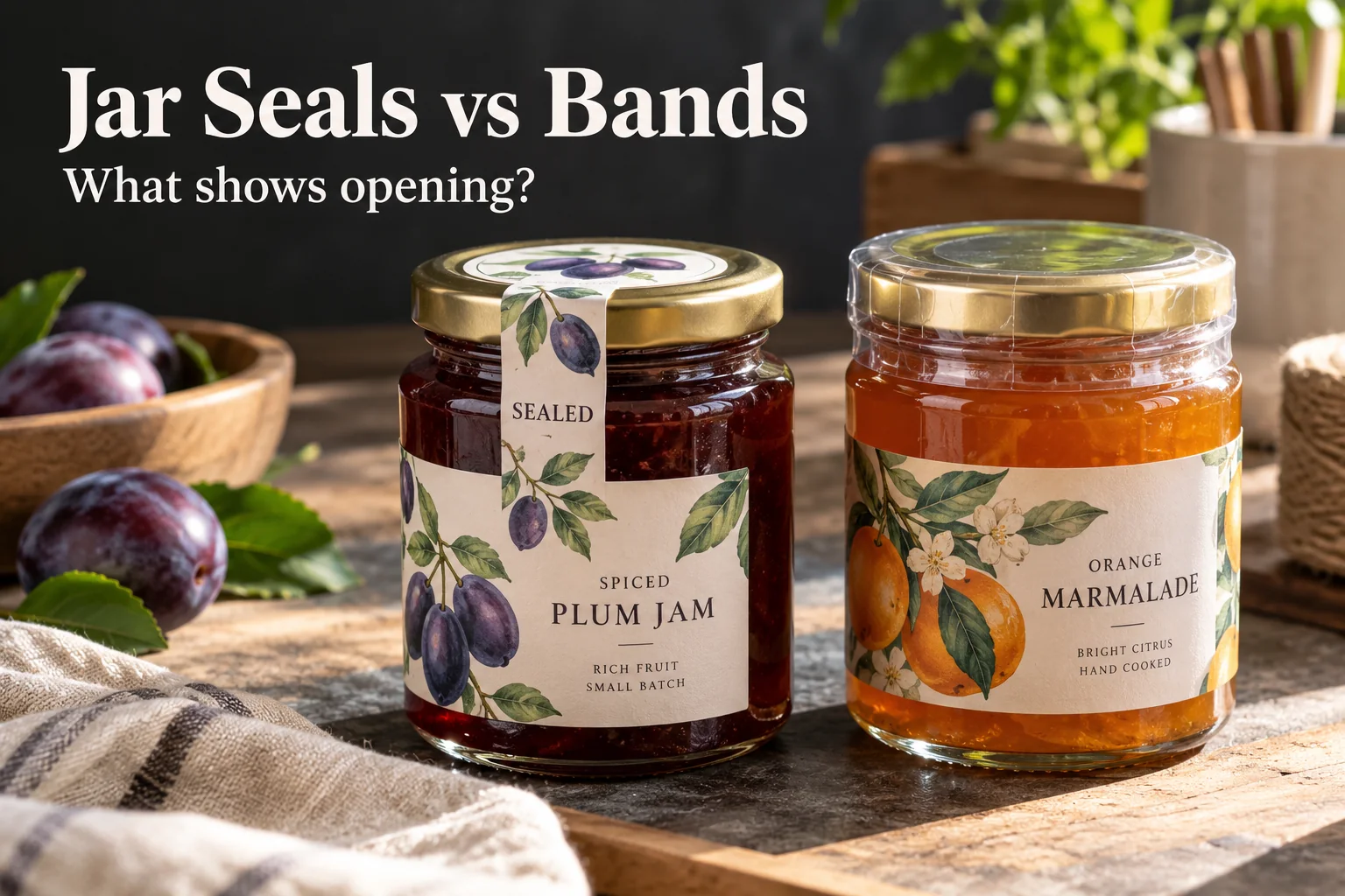 Photograph of two unbranded illustrated jam jars, one with a complete printed lid-bridge seal and one with a transparent shrink band