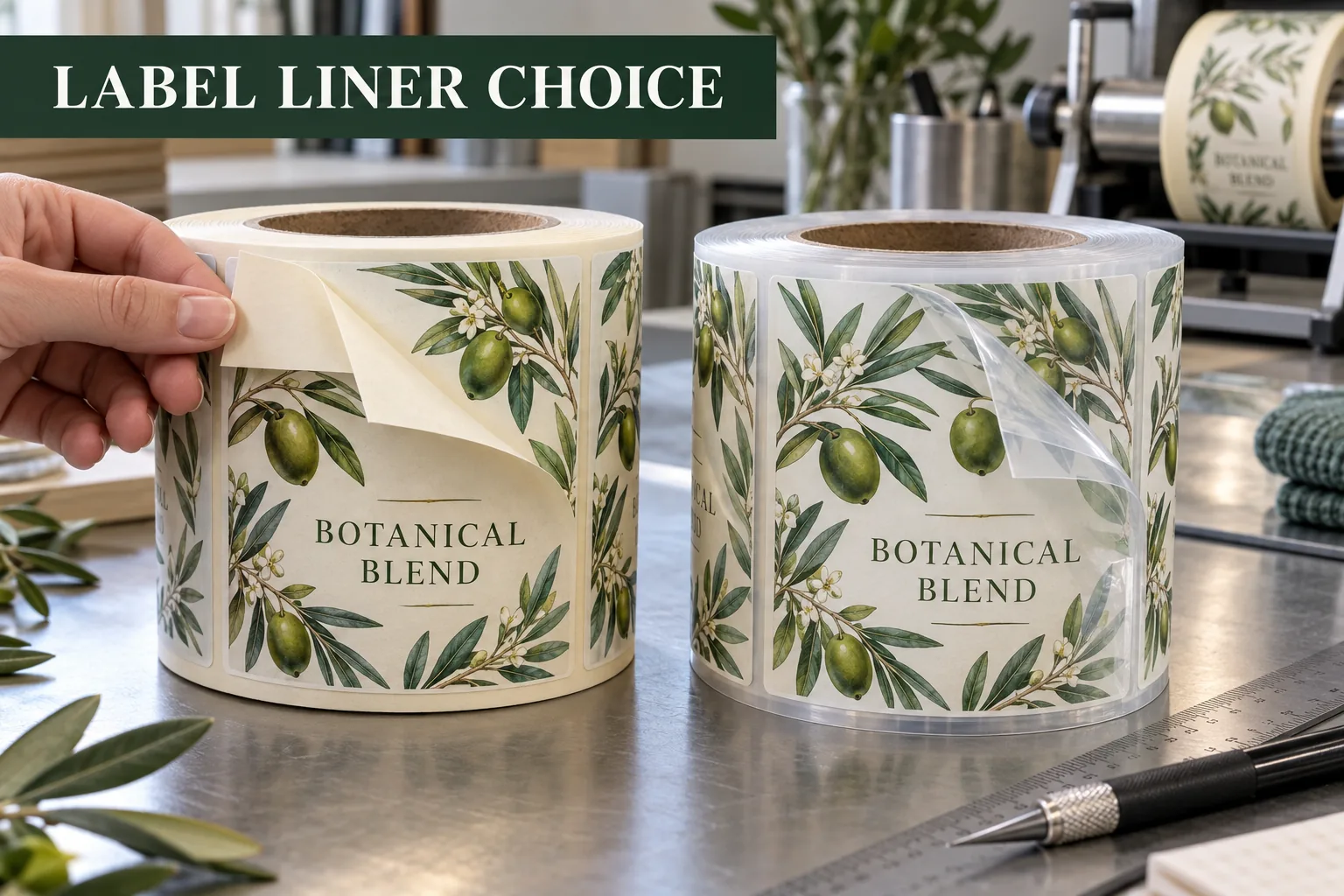 Photographic workbench comparison of illustrated label rolls on translucent film and cream paper release liners