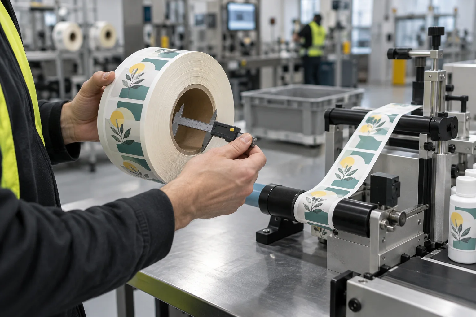 Technician measuring a label roll core beside an application setup