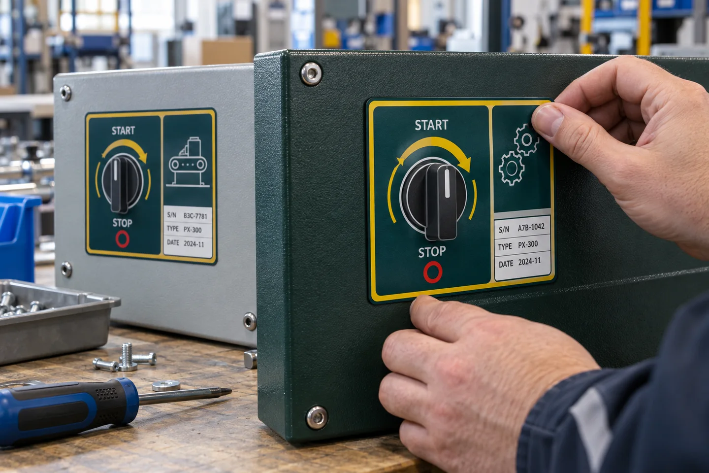 Photograph of powder-coated metal equipment panels bearing complete original illustrated operating labels and serial fields