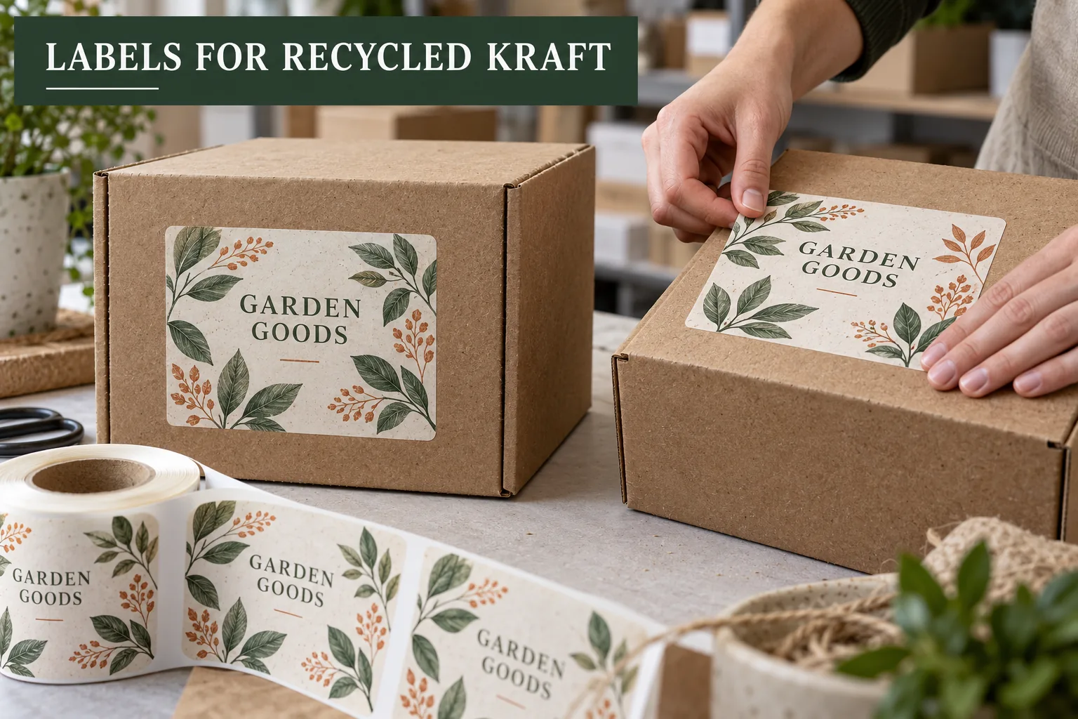 Photograph of original illustrated botanical product labels applied to textured recycled kraft cartons on a packing table