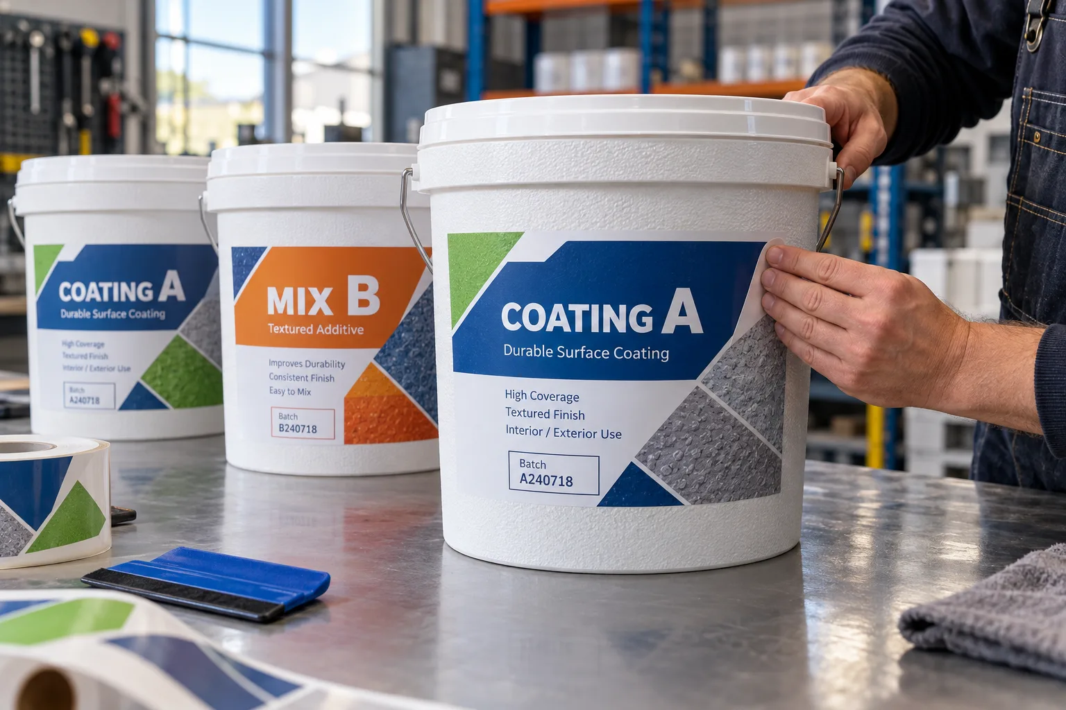 Photograph of unbranded textured plastic pails with complete original geometric product labels and clear batch panels in a small industrial packing area