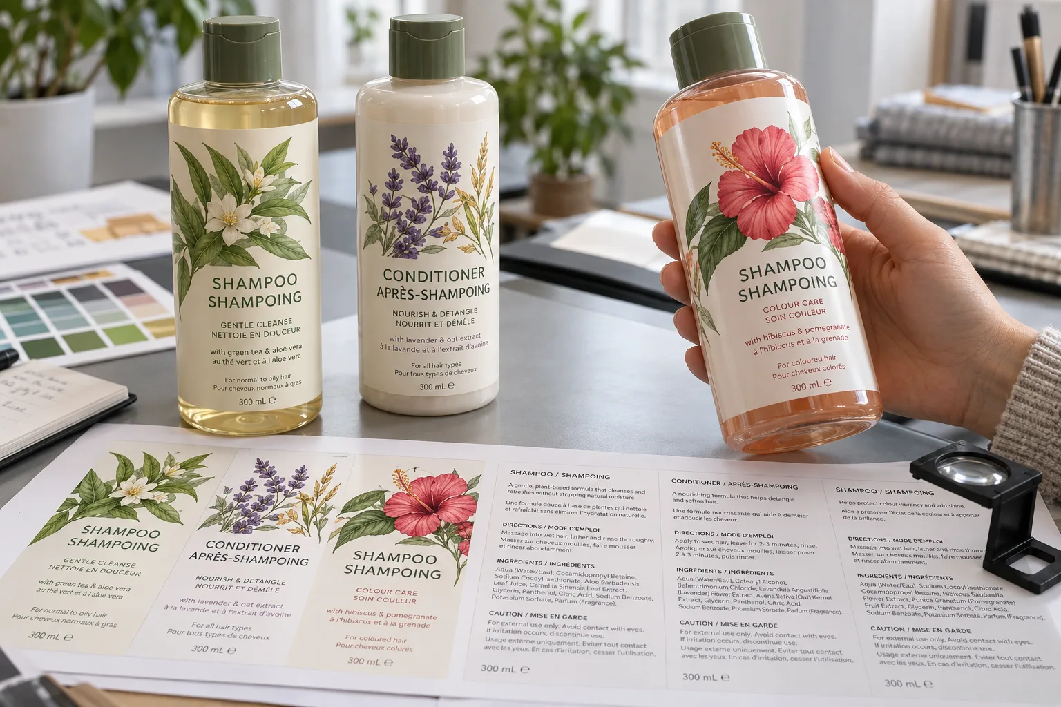 Photograph of three unbranded shampoo bottles with complete original botanical labels and legible bilingual front-panel words arranged beside printed proof sheets