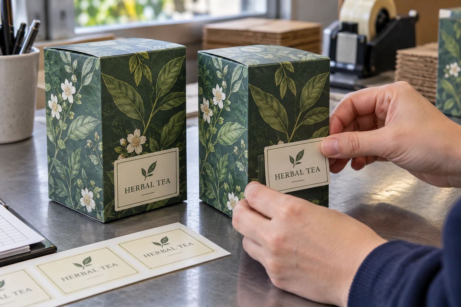 Photograph of a fully printed opaque correction label being applied to an illustrated retail carton