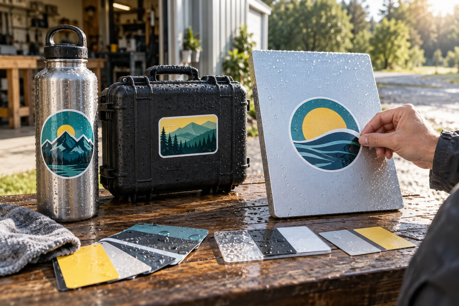 Outdoor vinyl stickers inspected on a bottle, equipment case and smooth panel after rain