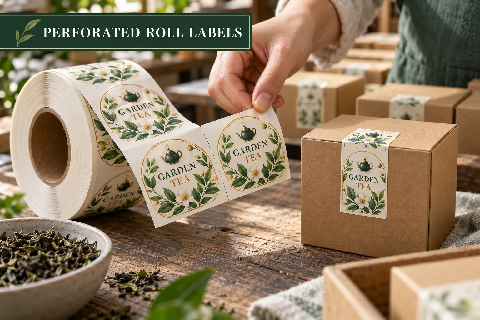Photograph of original illustrated tea box seal labels on a perforated roll being torn at a packing bench