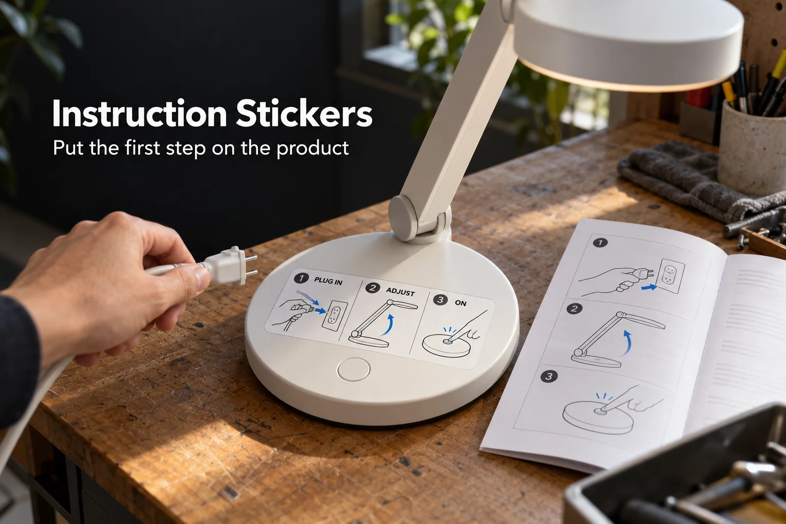 Photograph of an unbranded countertop device with a complete original illustrated three-step setup sticker beside its paper manual