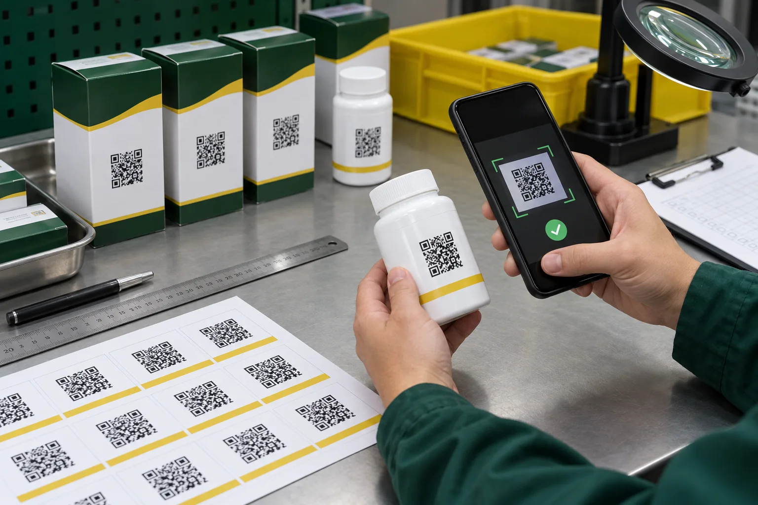 QR code stickers being scan tested on boxes and a bottle at a quality bench