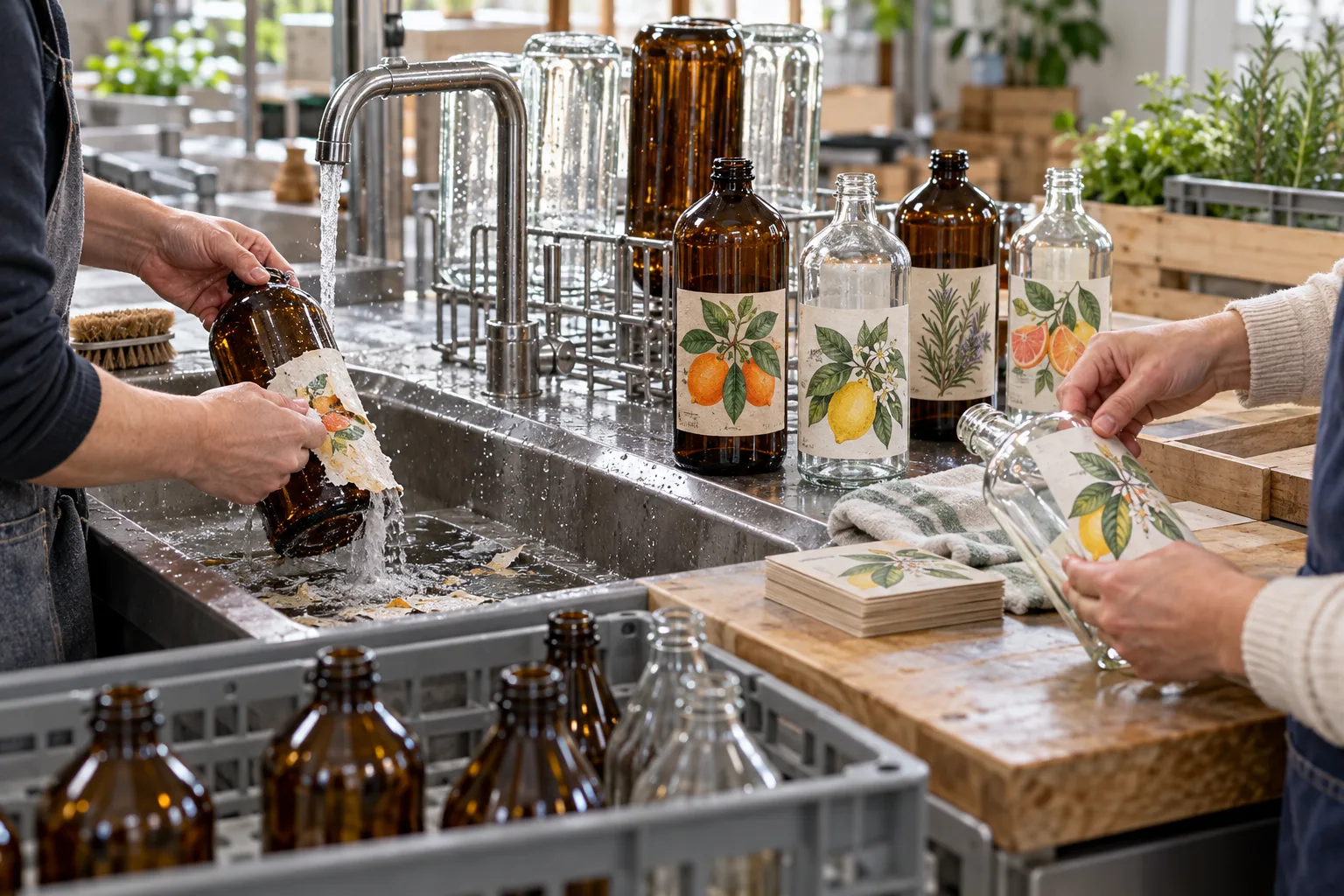 Photograph of reusable amber glass bottles with complete original citrus and herb labels beside a wash basin and a clean relabeled bottle