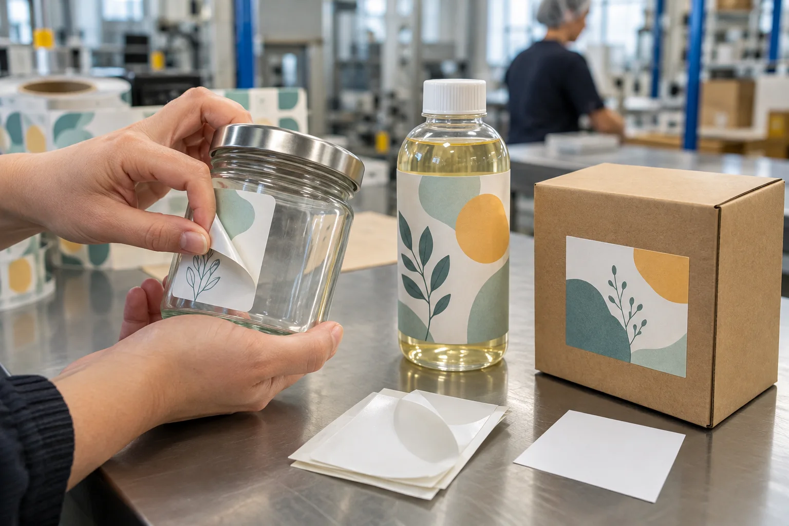 Removable label peeled from a glass jar beside permanently labeled packaging