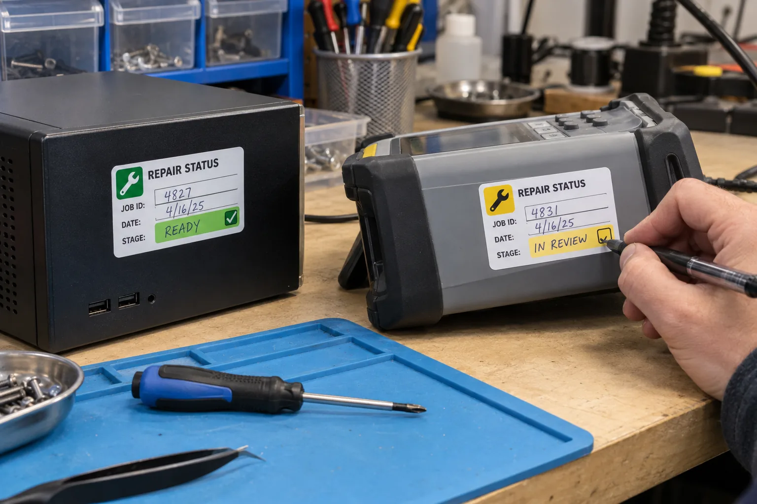 Photograph of original printed repair status labels with writable service fields on unbranded equipment at a workbench