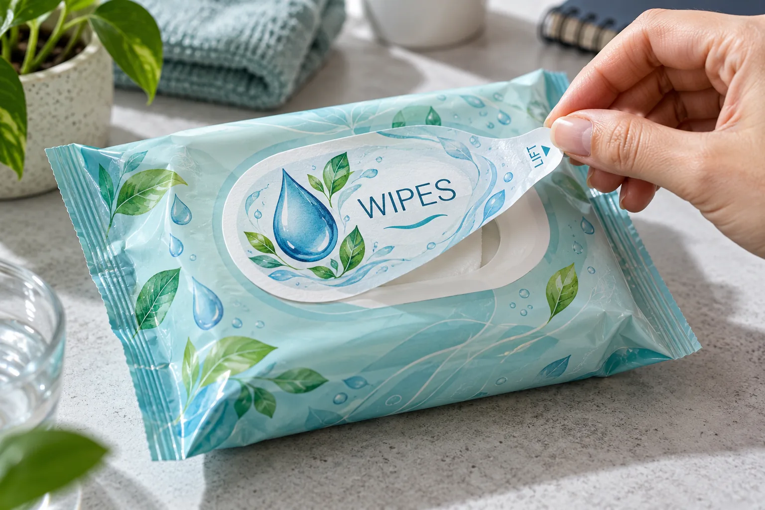 Photograph of an original illustrated resealable label on a wipes pouch, with a hand lifting the printed peel tab