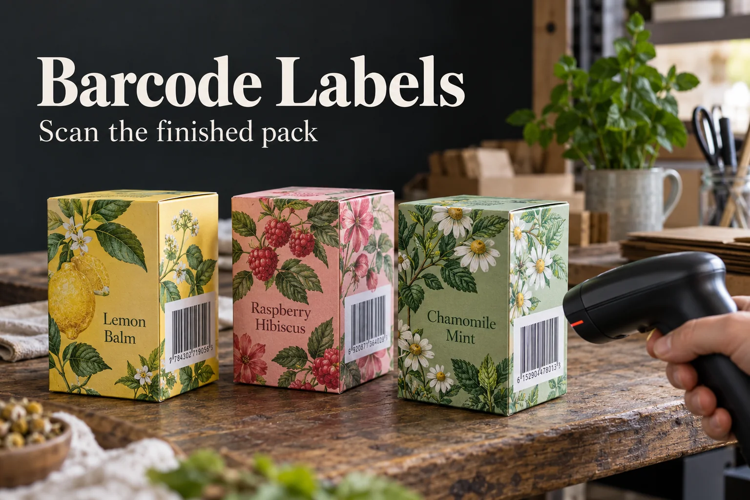 Photograph of fully printed original botanical retail product labels with a clean barcode panel being scanned on unbranded cartons