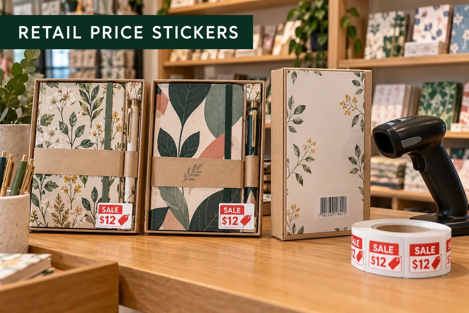 Photograph of original illustrated stationery packs with neat printed sale price stickers placed clear of barcodes