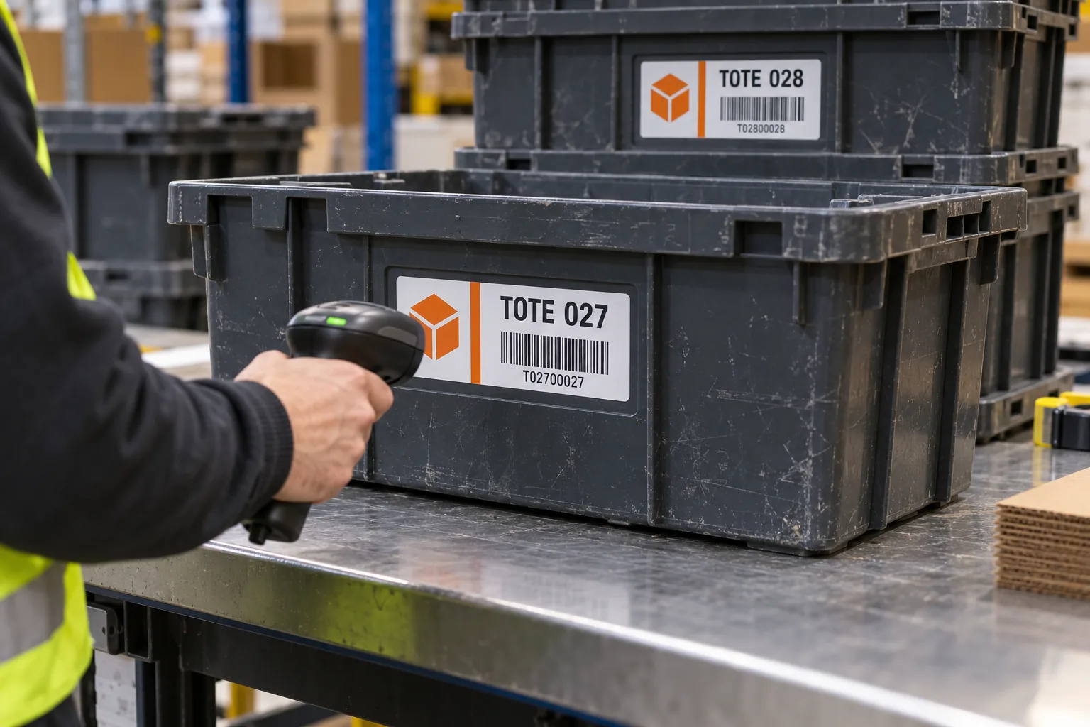 Photograph of reusable warehouse totes with original color-coded identification labels and sample ID codes