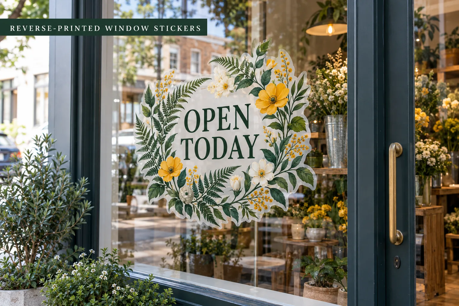 Photographic storefront window with an original OPEN TODAY reverse-printed sticker and botanical illustration visible from outside