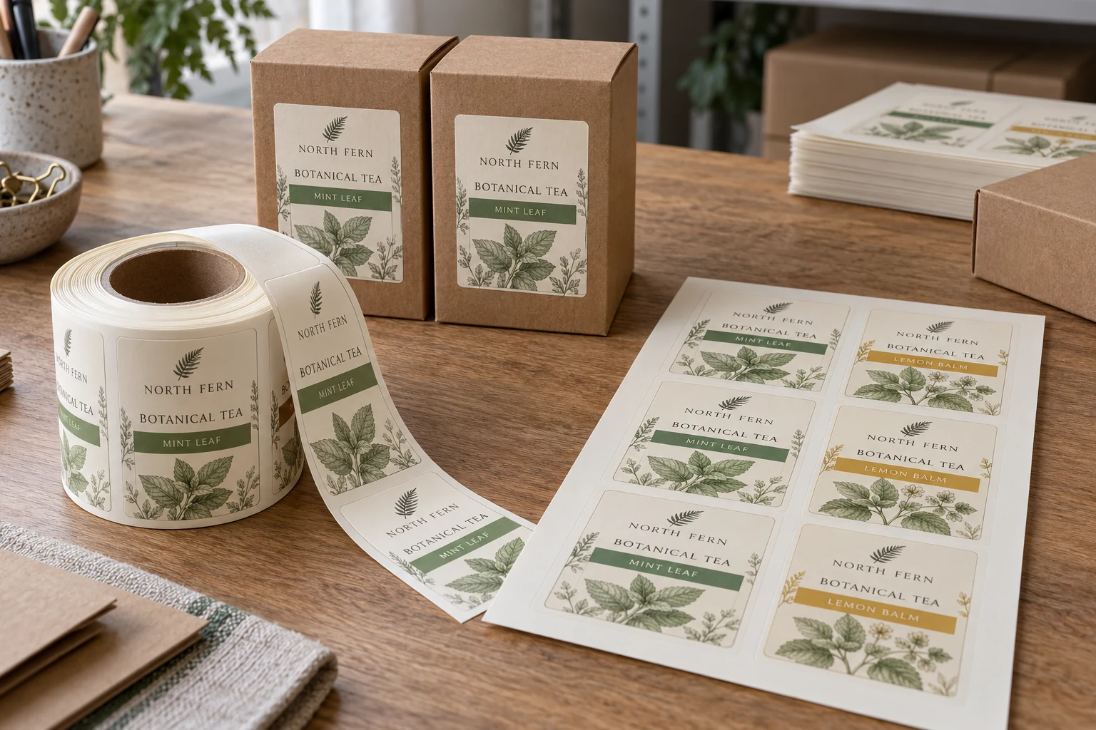 Original North Fern tea packaging beside repeated Mint Leaf roll labels and a mixed Mint Leaf and Lemon Balm label sheet.
