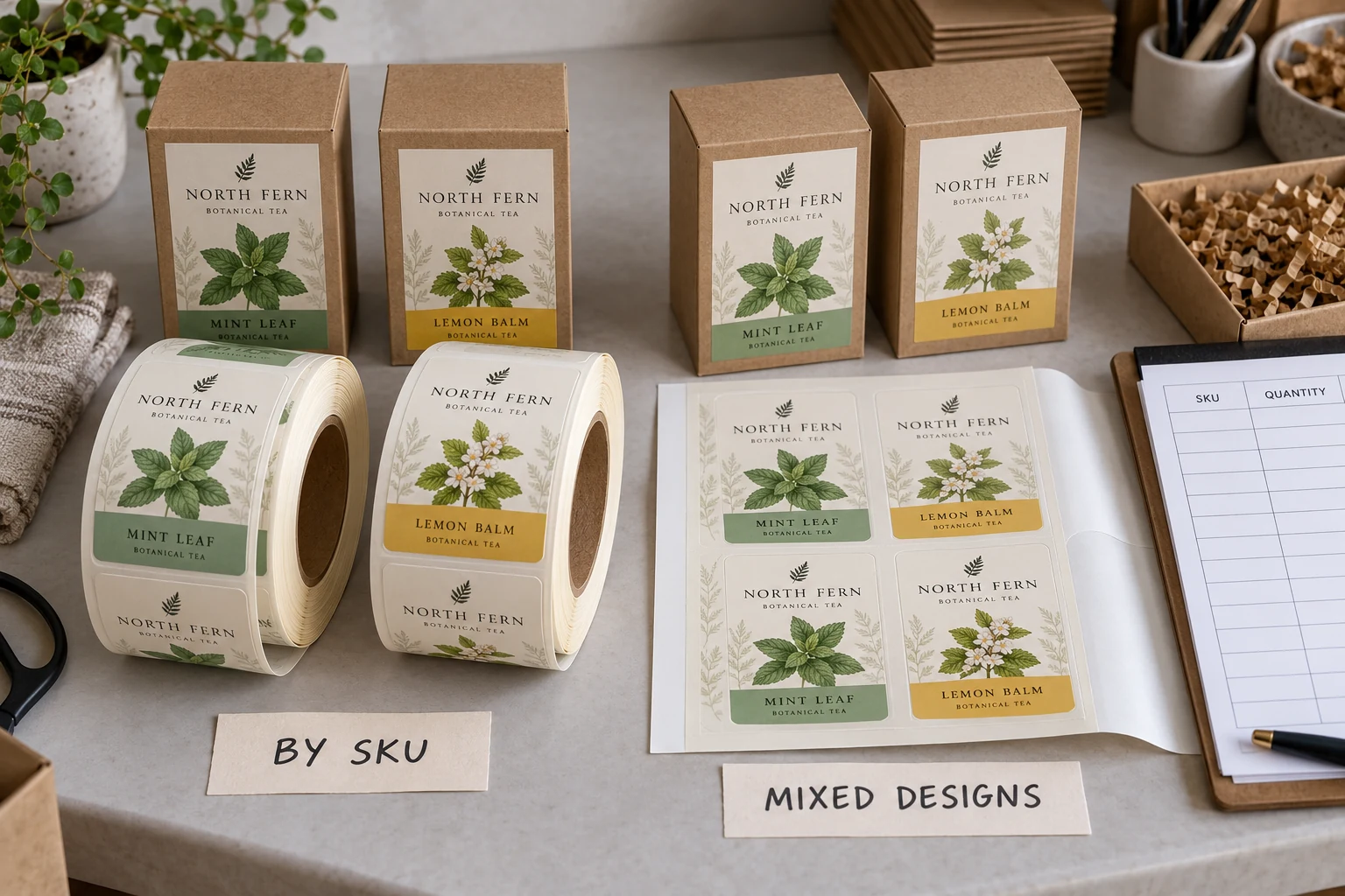 Two separate North Fern label rolls organized by SKU beside a mixed-design label sheet and an uncompleted SKU quantity worksheet.