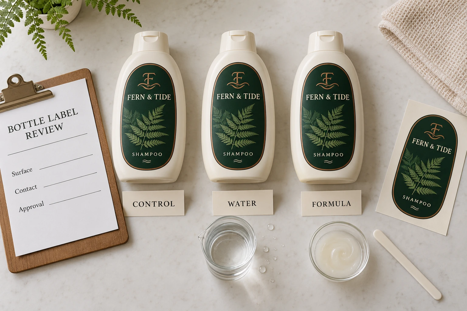 Three Fern & Tide shampoo bottle samples arranged beside Control, Water and Formula cards, separate review liquids and an uncompleted bottle-label review sheet.