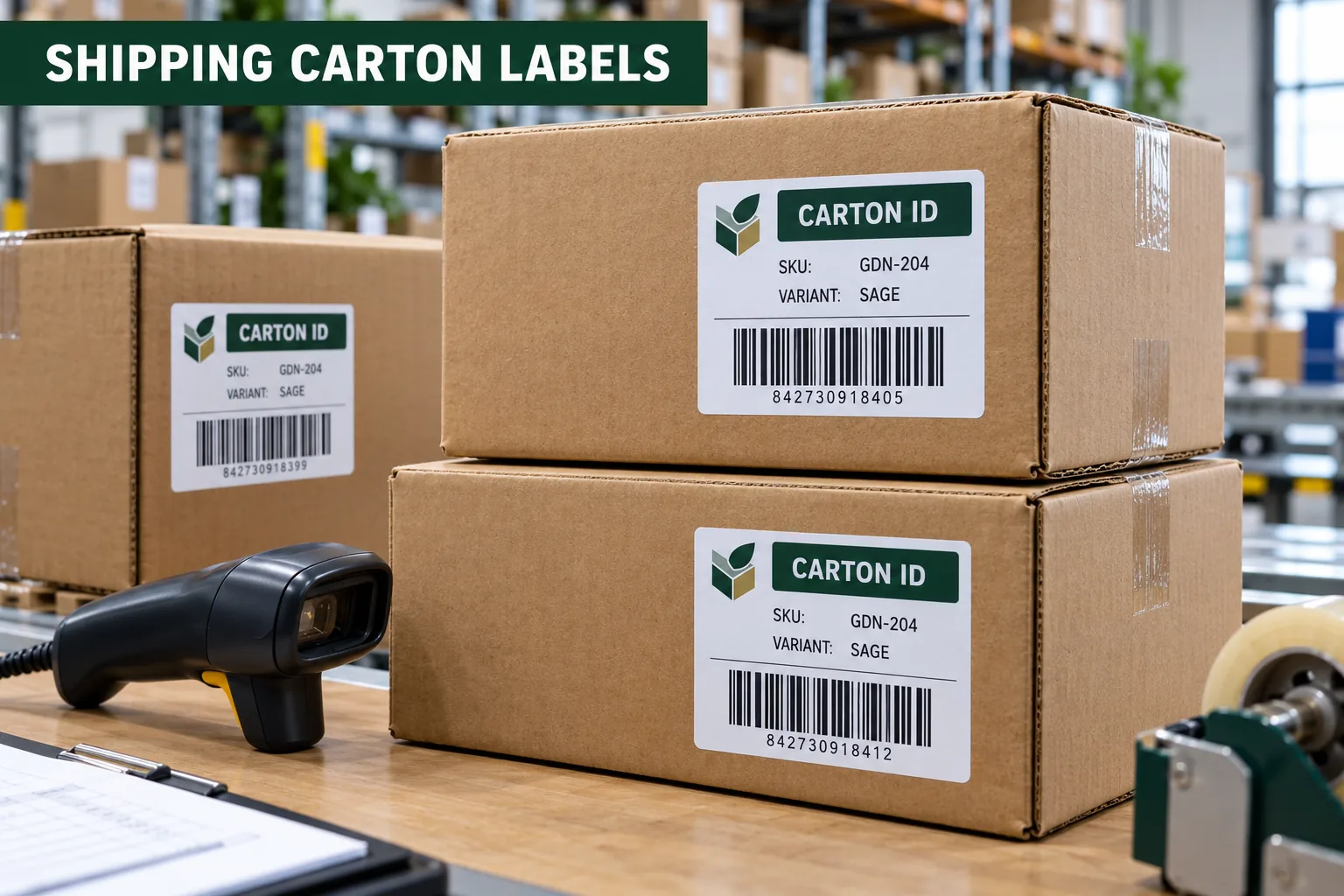 Photograph of corrugated shipping cartons with original printed SKU identification labels and clear sample barcodes at a warehouse bench