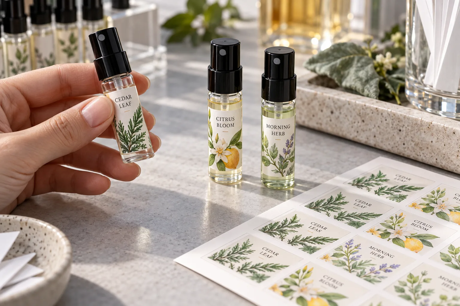 Photograph of several small unbranded fragrance sample vials with complete original botanical labels and distinct scent names beside a final-size paper proof