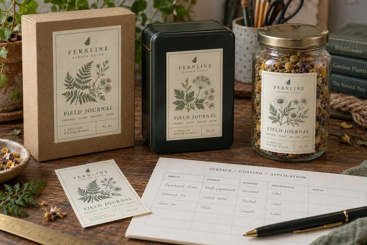 Original branded labels and representative contact surfaces prepared for a selection discussion.