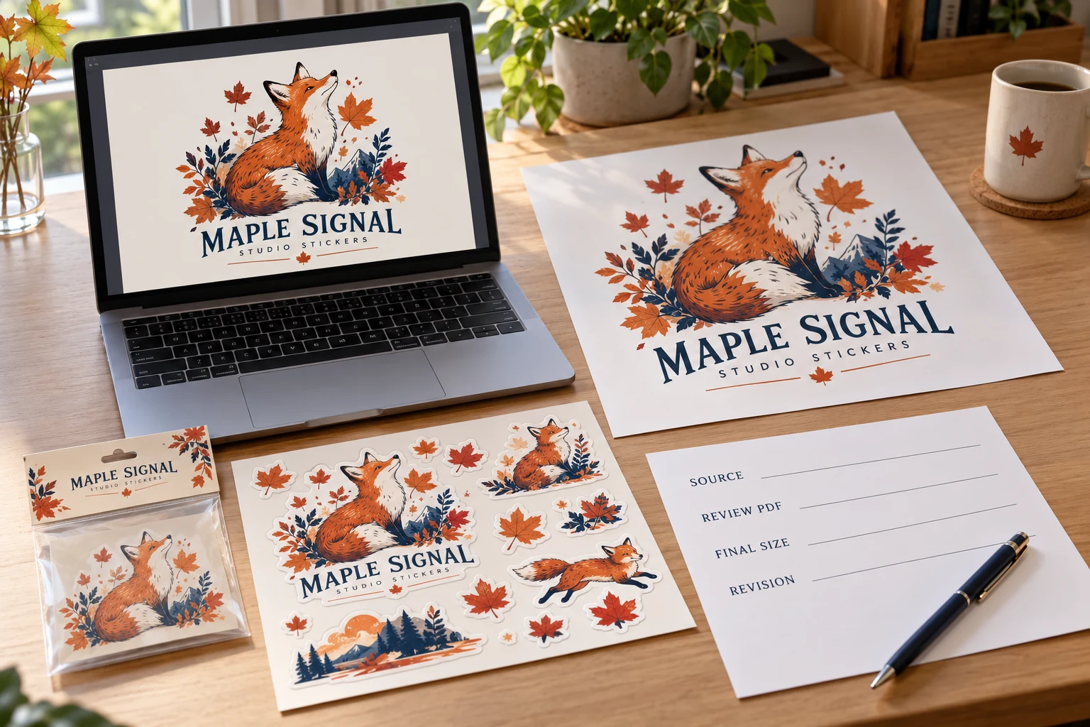 Original designed artwork and finished-product references for comparing editable intent with printed appearance.