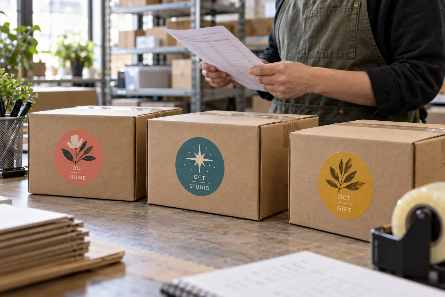 Photograph of subscription cartons with distinct original illustrated monthly variant stickers on a packing bench