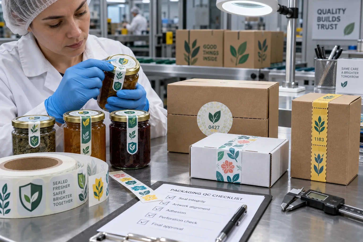 Packaging technician reviewing illustrated tamper seals on jars and kraft boxes