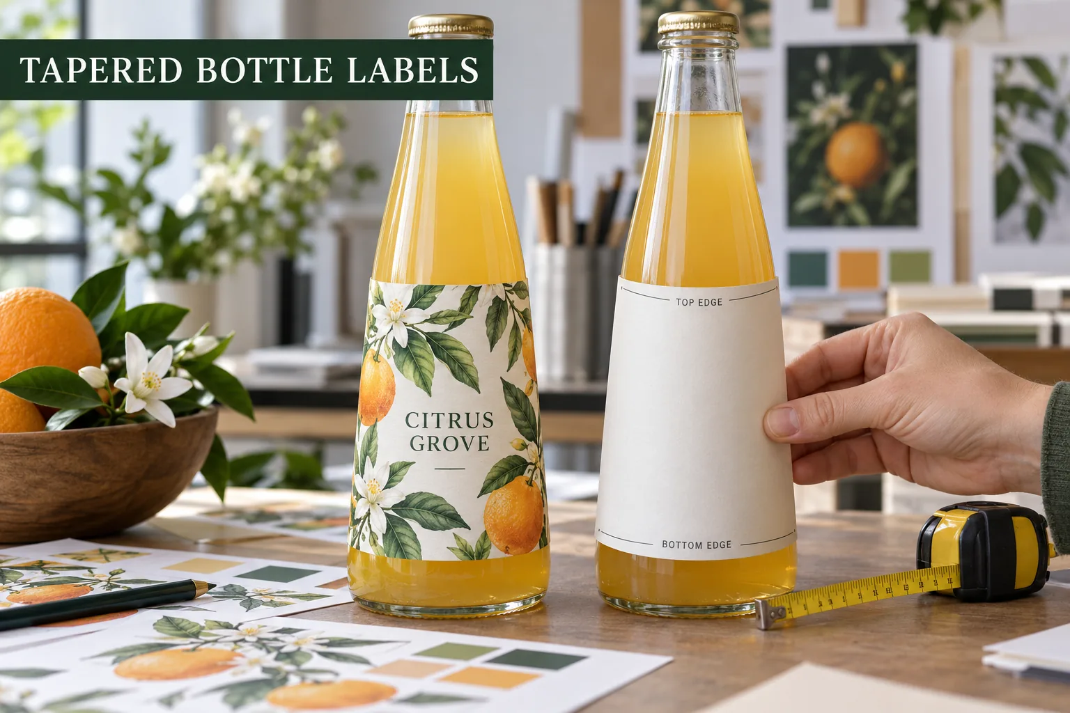 Photographic label-fit test with an original illustrated citrus drink label on a tapered glass bottle and a paper wrap template