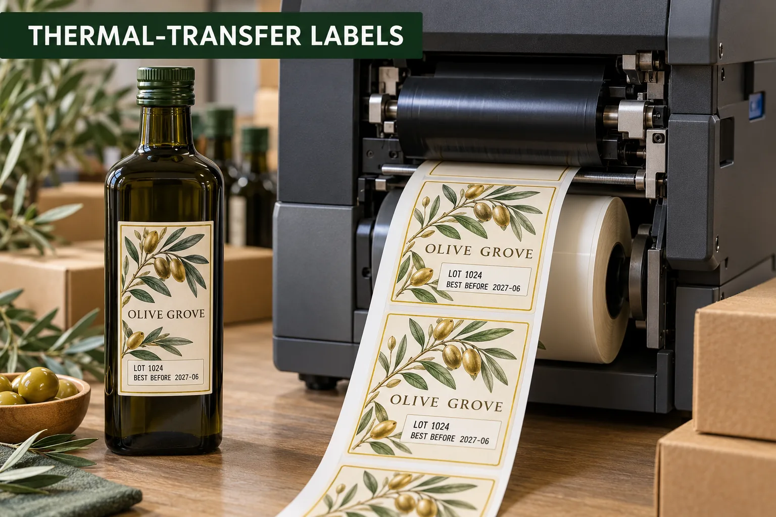 Photographic desktop thermal-transfer printer feeding original illustrated olive oil labels with clear variable lot and date fields