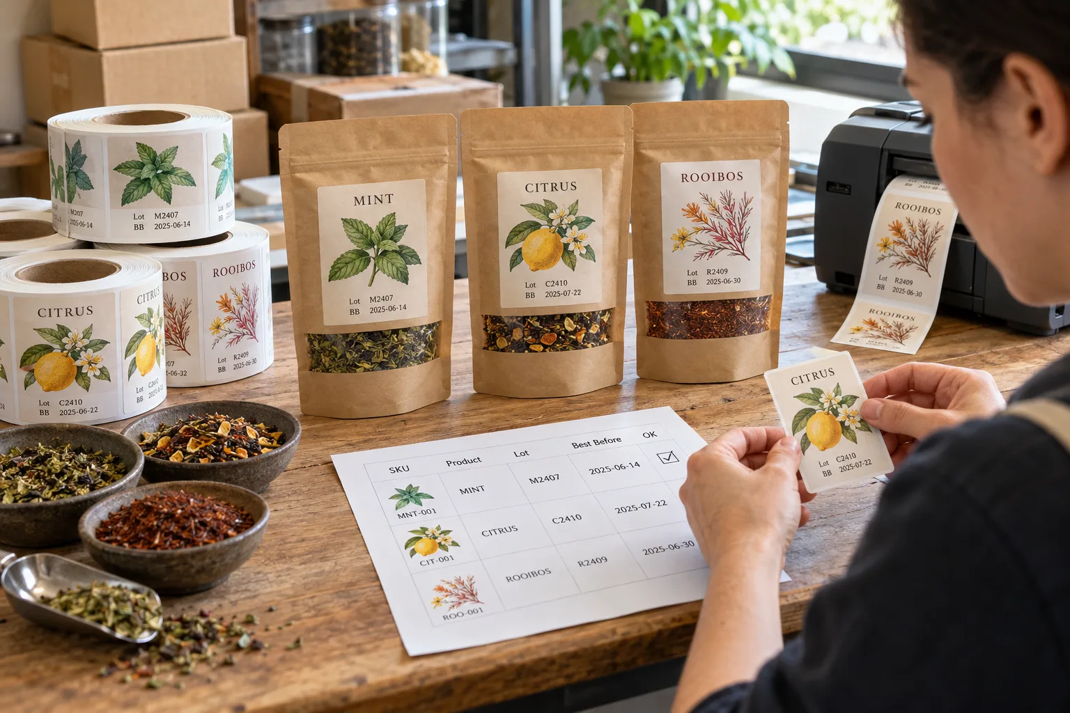 Photograph of original illustrated tea pouch labels with distinct flavor names and visible batch fields beside a small packing station and proof list