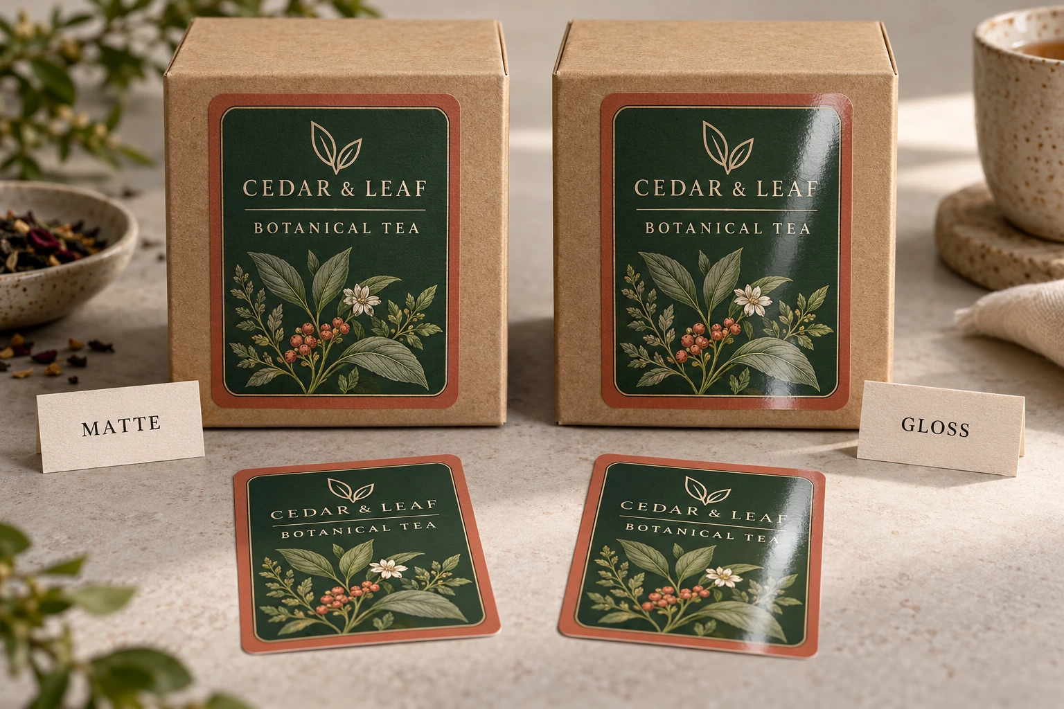 Original printed packaging and separate samples for a material-construction comparison.
