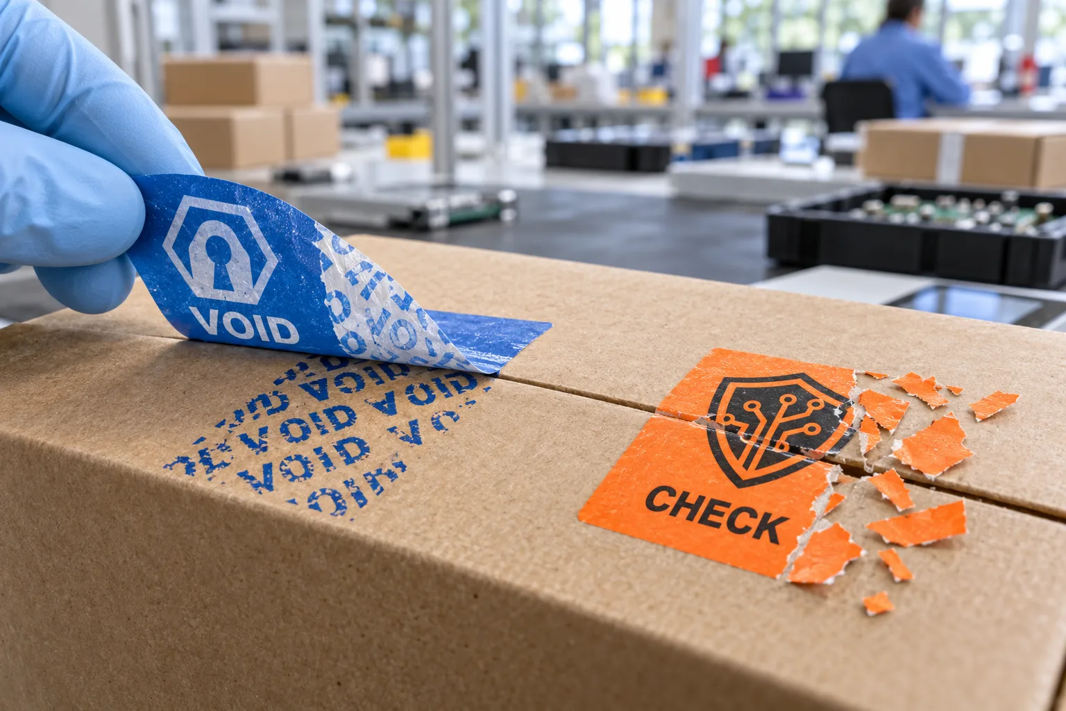 Photograph of an original blue VOID security seal lifted from a plain electronics box beside a fragmented orange destructible seal, each with complete printed graphics