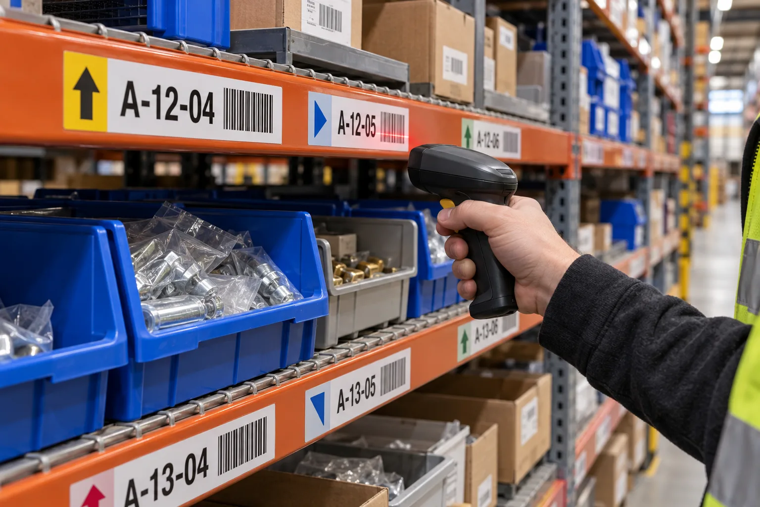 Photograph of warehouse shelf bins with complete original high-contrast location labels, readable codes and color markers, with a worker checking a scan