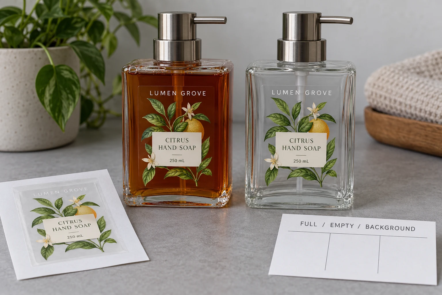 Independent Lumen Grove full and empty bottle examples with transparent print windows and a physical review card.