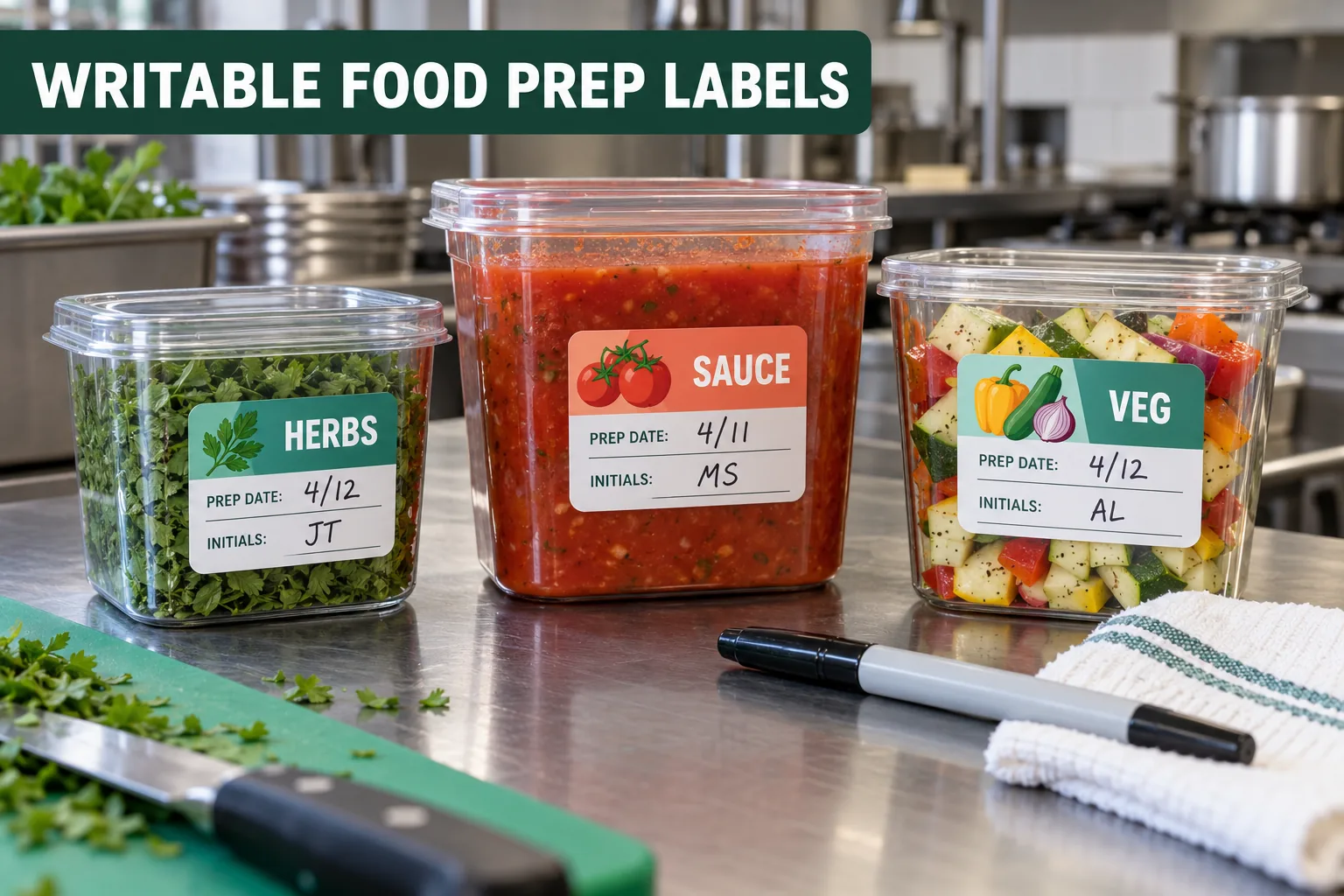 Photograph of illustrated writable food prep labels on clear kitchen containers with legible blank date and initials fields